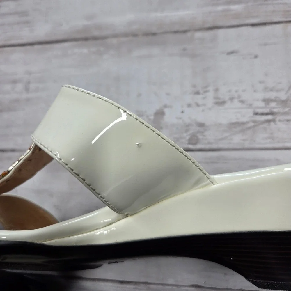Sofft Crystal Embellished Patent Leather Wedge Sandal Women 9W Cream Jewel Slide